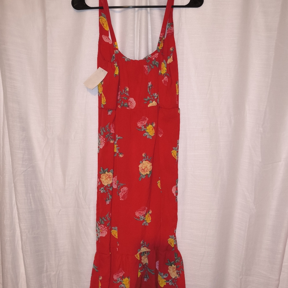 Floral Red Spaghetti Strap Dress Ruffle Hem Y2k 90s Style